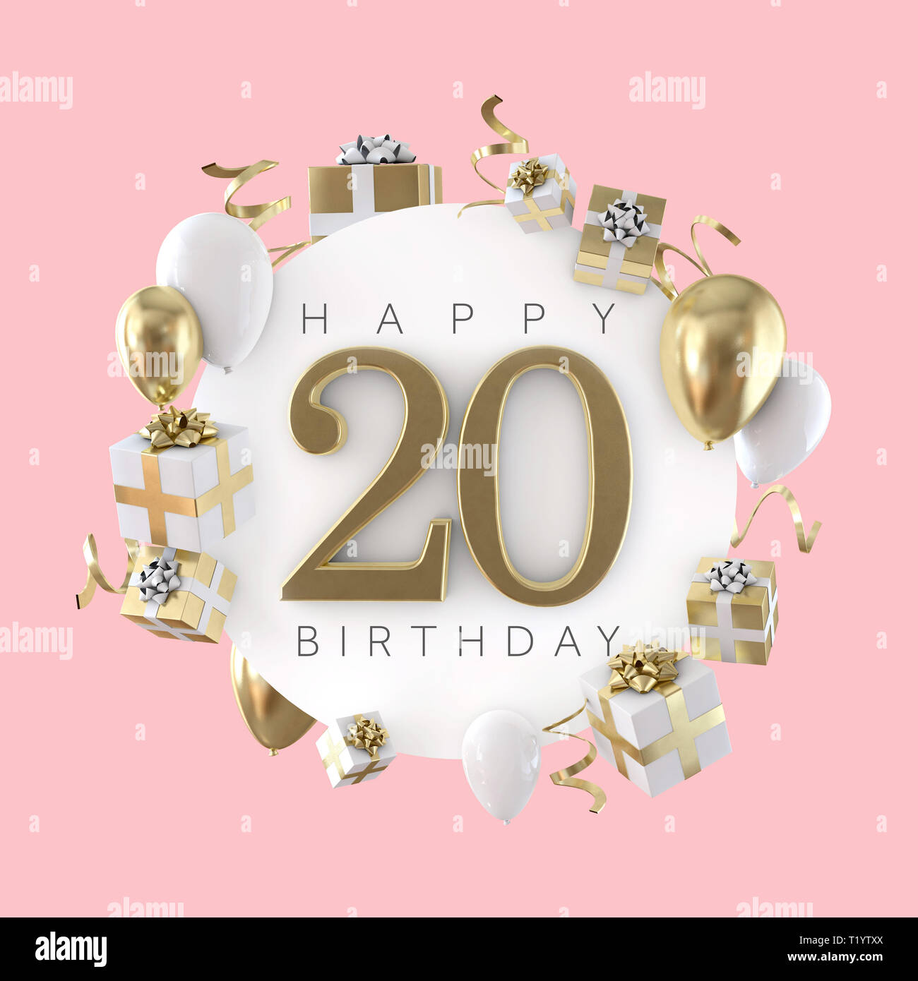 Happy 20th birthday party composition with balloons and presents. 3D Render Stock Photo - Alamy