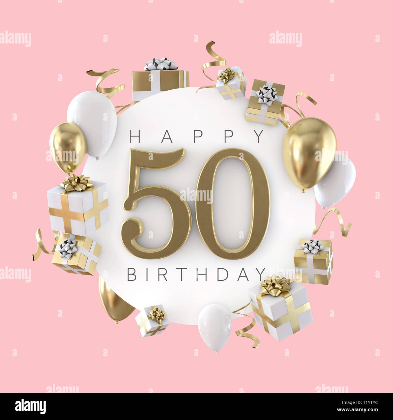 Geslaagd audit Landgoed Happy 50th birthday party composition with balloons and presents. 3D Render  Stock Photo - Alamy