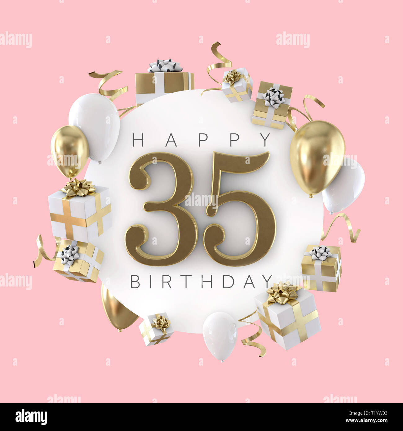 Happy 35th birthday party composition with balloons and presents. 3D Render Stock Photo - Alamy