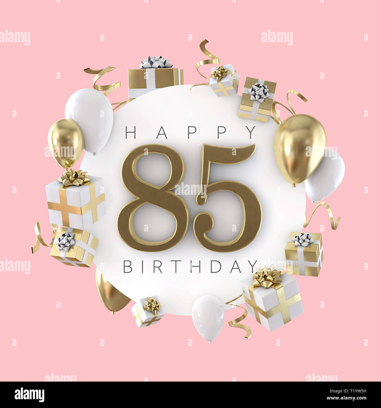 Happy 85th birthday party composition with balloons and presents. 3D Render Stock Photo - Alamy