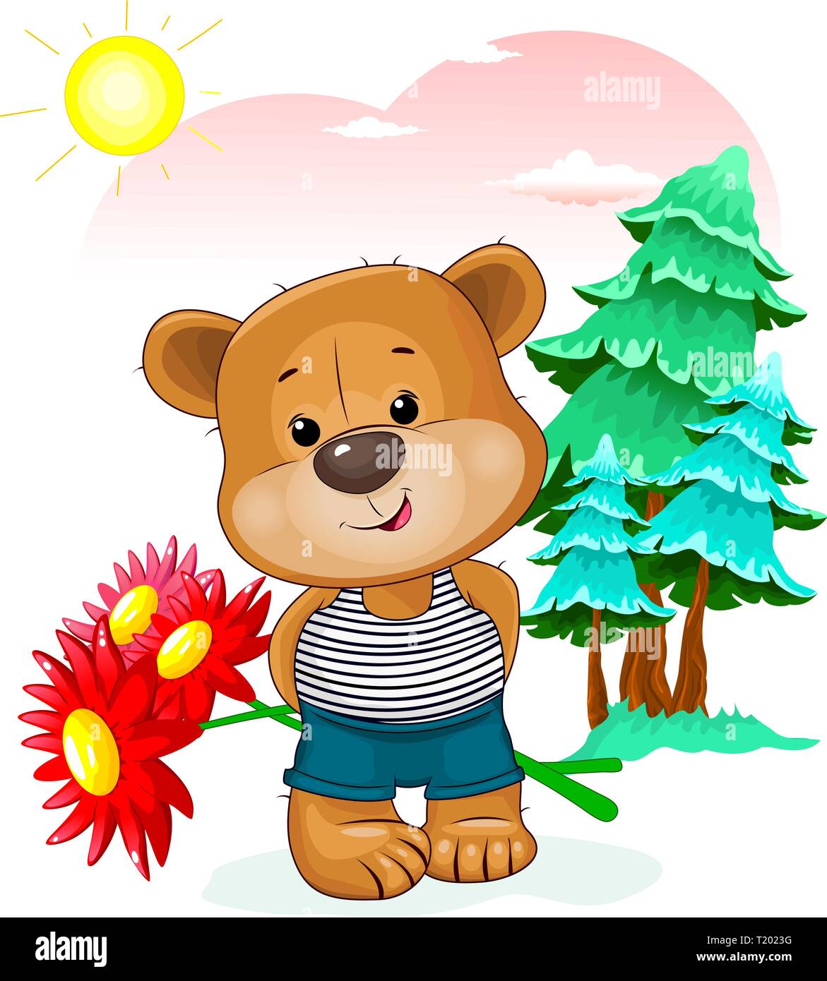 Little bear with flowers on the background of trees, sky and sun. A bear holds a bouquet of red flowers. Stock Vector