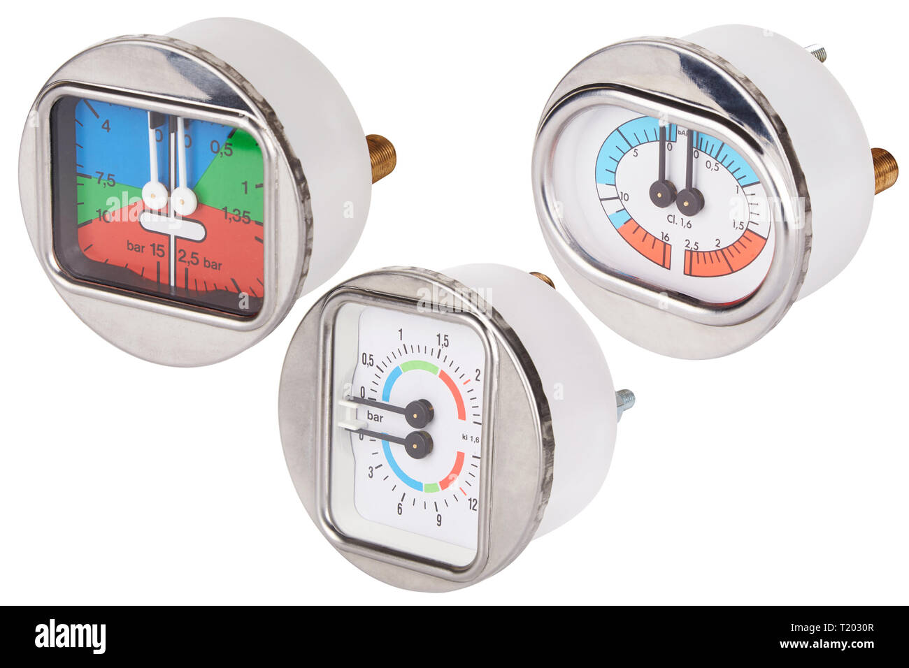 Set of manometers. Measuring tool. Isolated on white. Round gauge with