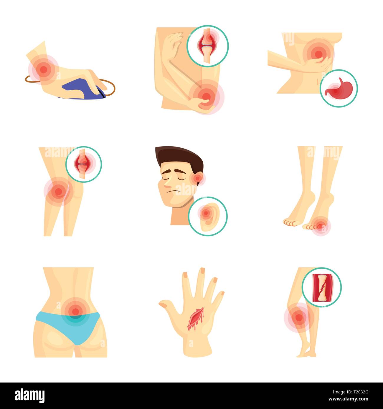 Vector illustration of pain and disease icon. Collection of pain and ...