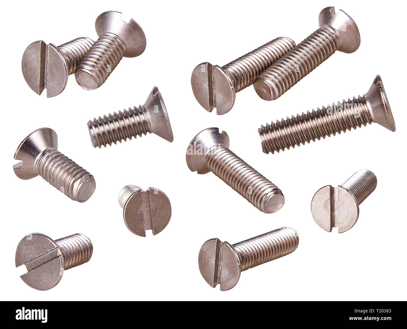 Set of steel screws isolated on white background. Spare parts coffee machines and componentes