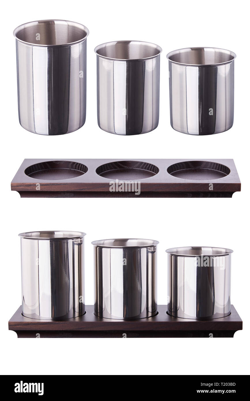 Metal cutlery stand. Spoon, forks and straws Stand on a white