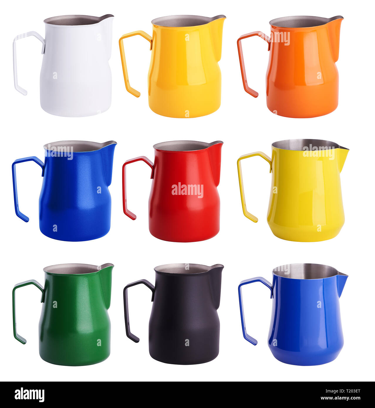 Set of colorful Stainless Steel Milk Pitchers/Jugs. Foaming Jug. Latte art  for barista. Coffee Accessories. Barista Kit. Isolated on white background  Stock Photo - Alamy