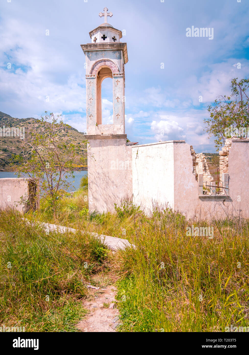 Abandoned Church of St. Nicholas at the Kouris Reservoir (Kouris Dam), Limassol district, Cyprus Stock Photo