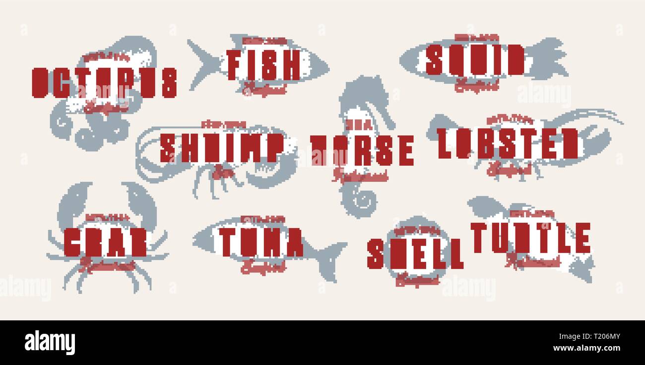 Seafood vintage logo set. Sea creatures, fishing or restaurant emblems. Retro style logo template. Modern emblem idea. Concept design for business Stock Vector