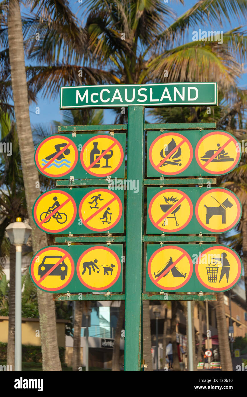 Forbidden activities sign on beachfront, Umhlanga Rocks, Umhlanga, KwaZulu-Natal, South Africa Stock Photo