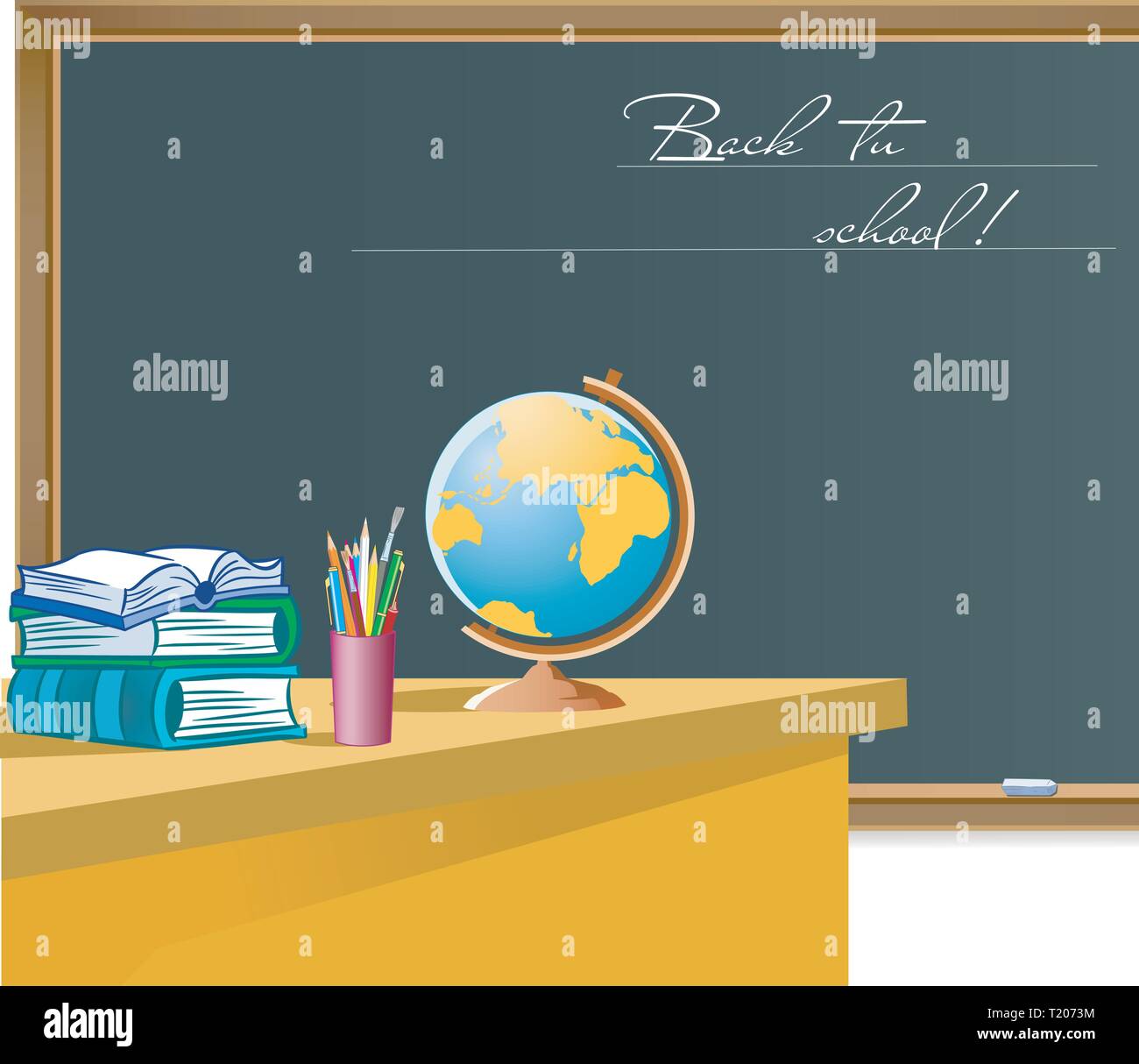 The illustration shows a design element of the classroom with school subjects and attributes. Illustration done on separate layers. Stock Vector