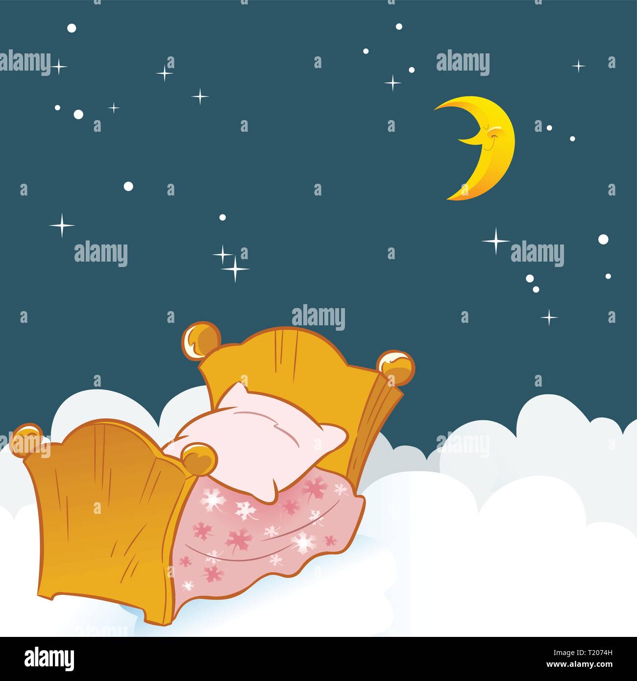 The illustration shows a small baby bed on a background of clouds and the night sky. Stock Vector