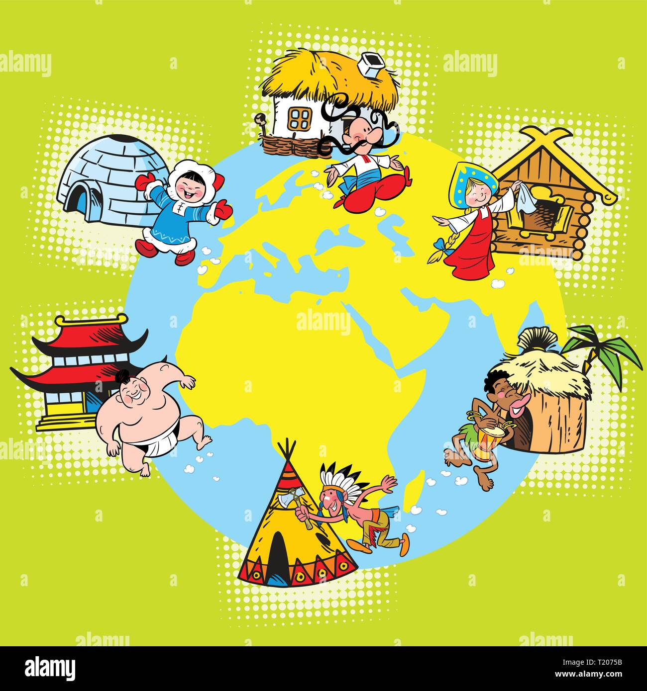 The illustration shows the different races and peoples of the world and their homes. Illustration is on separate layers, in cartoon style. Stock Vector
