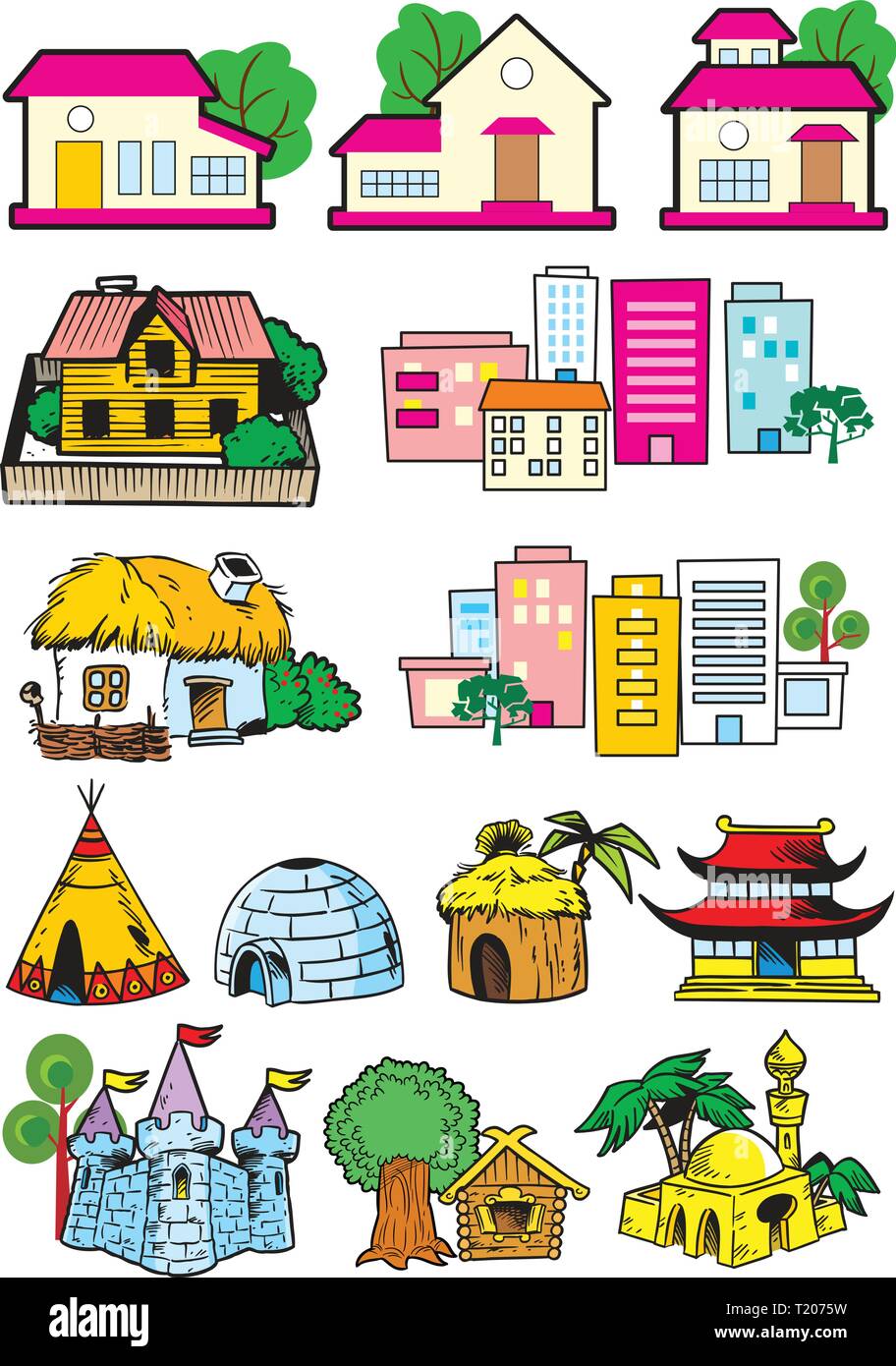 The illustration shows the houses in which people live.Each house is on a separate layer. Stock Vector