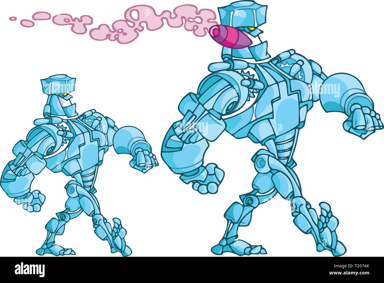 The Illustration shows walking humanoid robot smoking cigar, done in cartoon style. Stock Vector