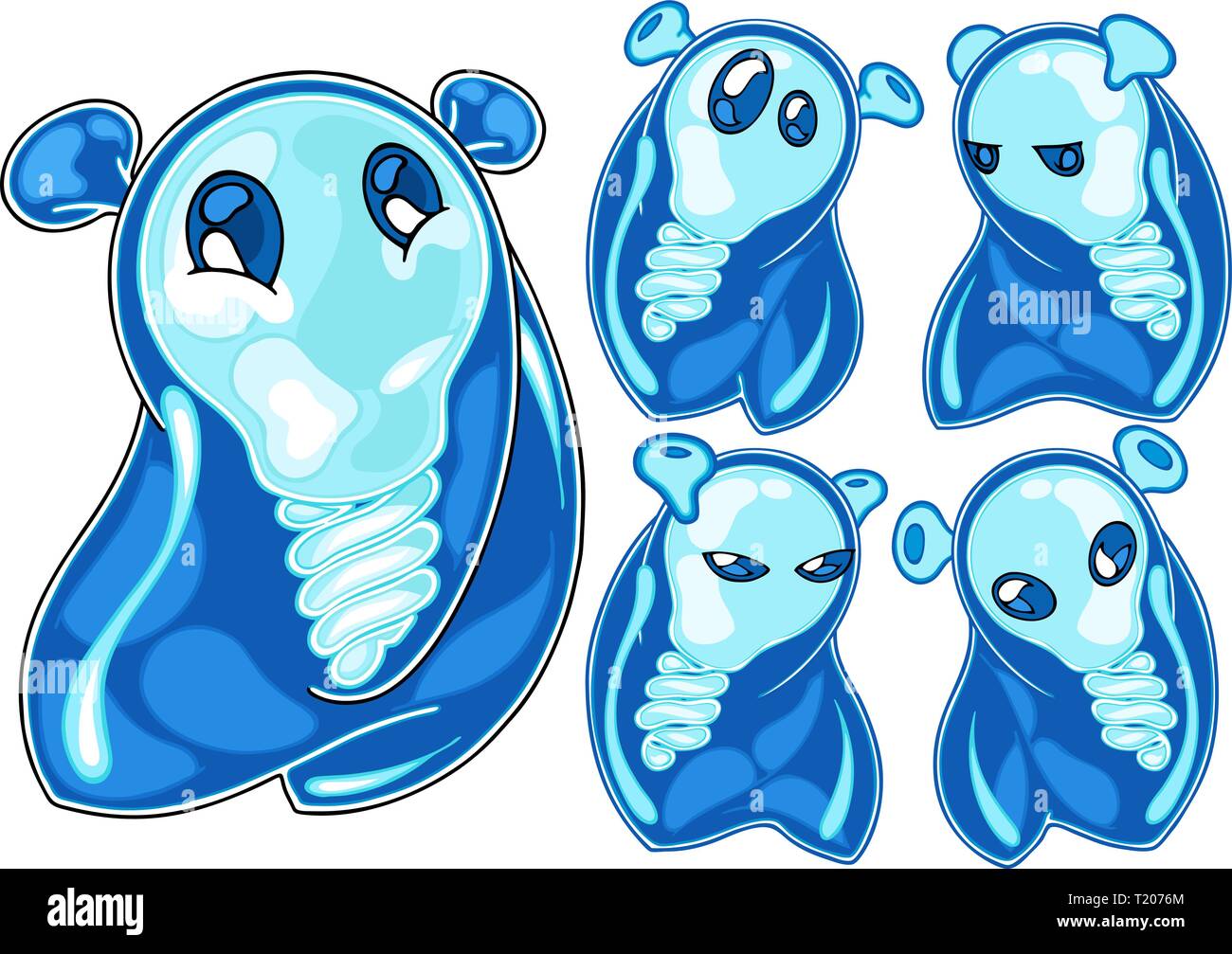 The illustration shows cute blue lamp-head alien in different emotion poses. The illustration done in cartoon style. Character shown in separate layer Stock Vector