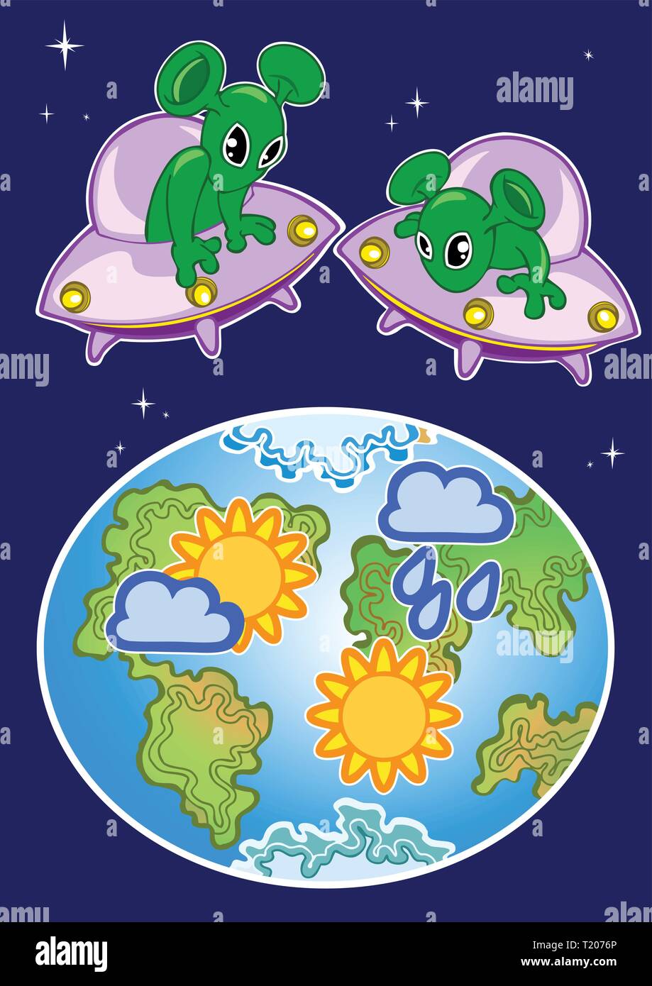 The vector illustration shows two funny aliens in a spaceship that are viewing the planet Earth. Stock Vector
