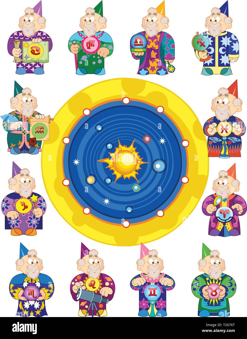 The old astrologer in different clothes with artifacts presents 12 signs of the Zodiac Stock Vector
