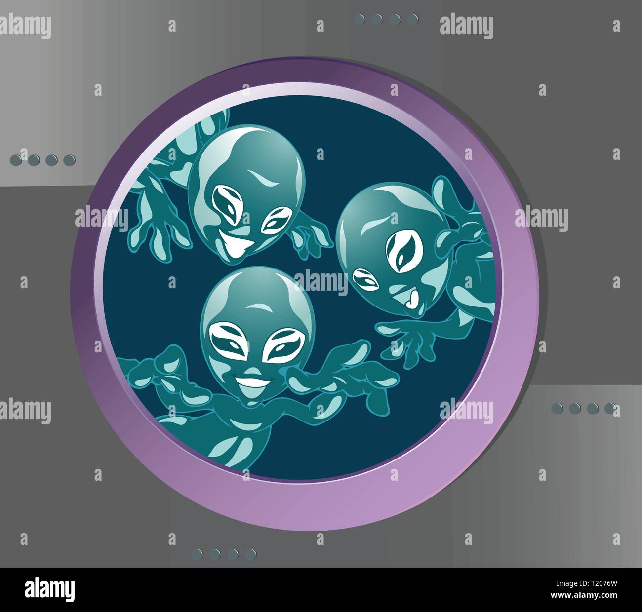 Several space aliens looking through the porthole ship Stock Vector