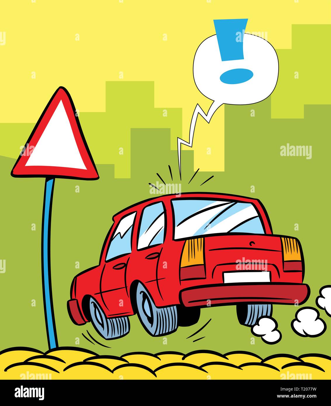 The illustration shows a cartoon car near a road sign on the street. Stock Vector