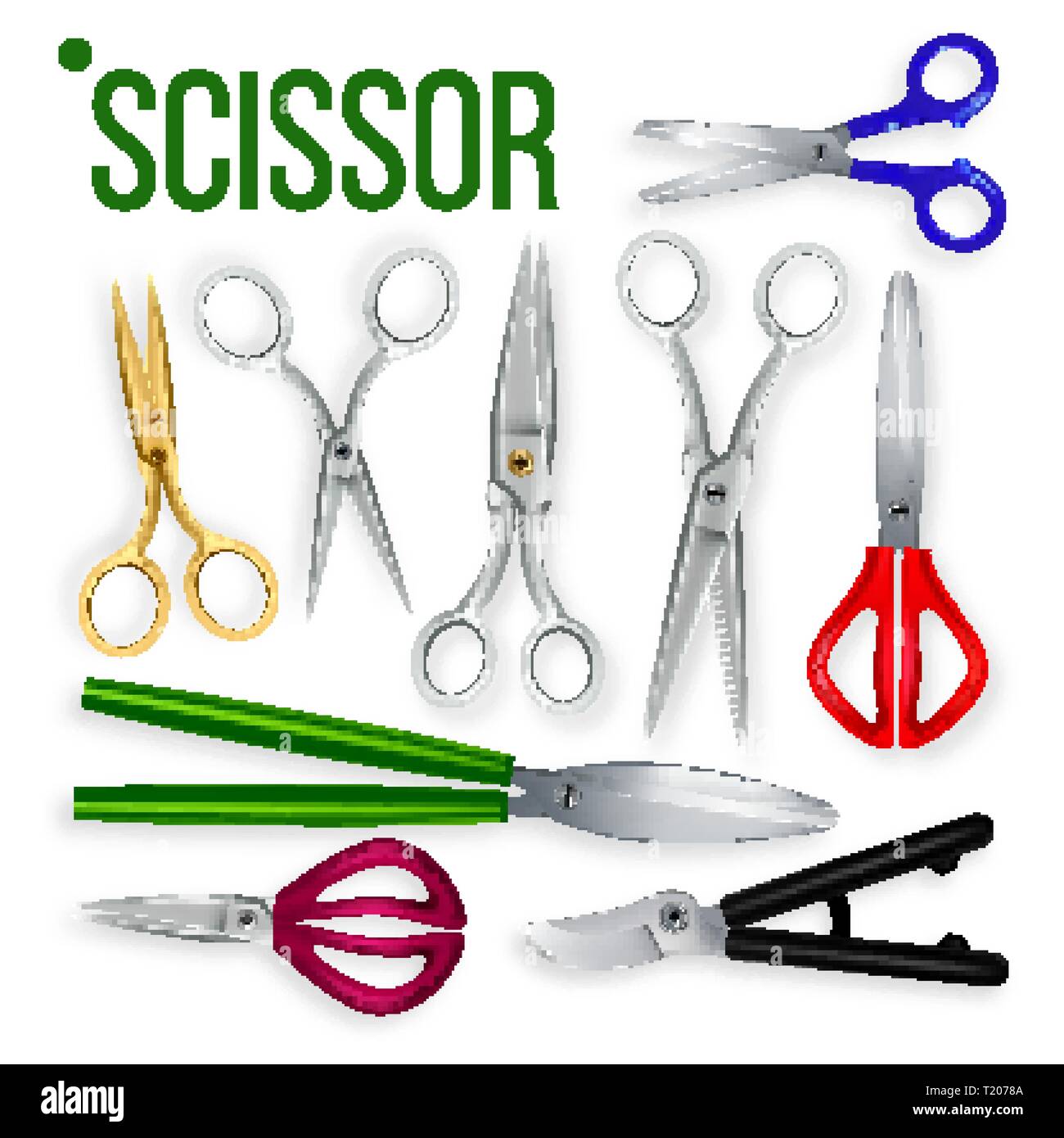 Scissor Set Vector. Metal Craft Object. Cut Tool. Paper, Garden