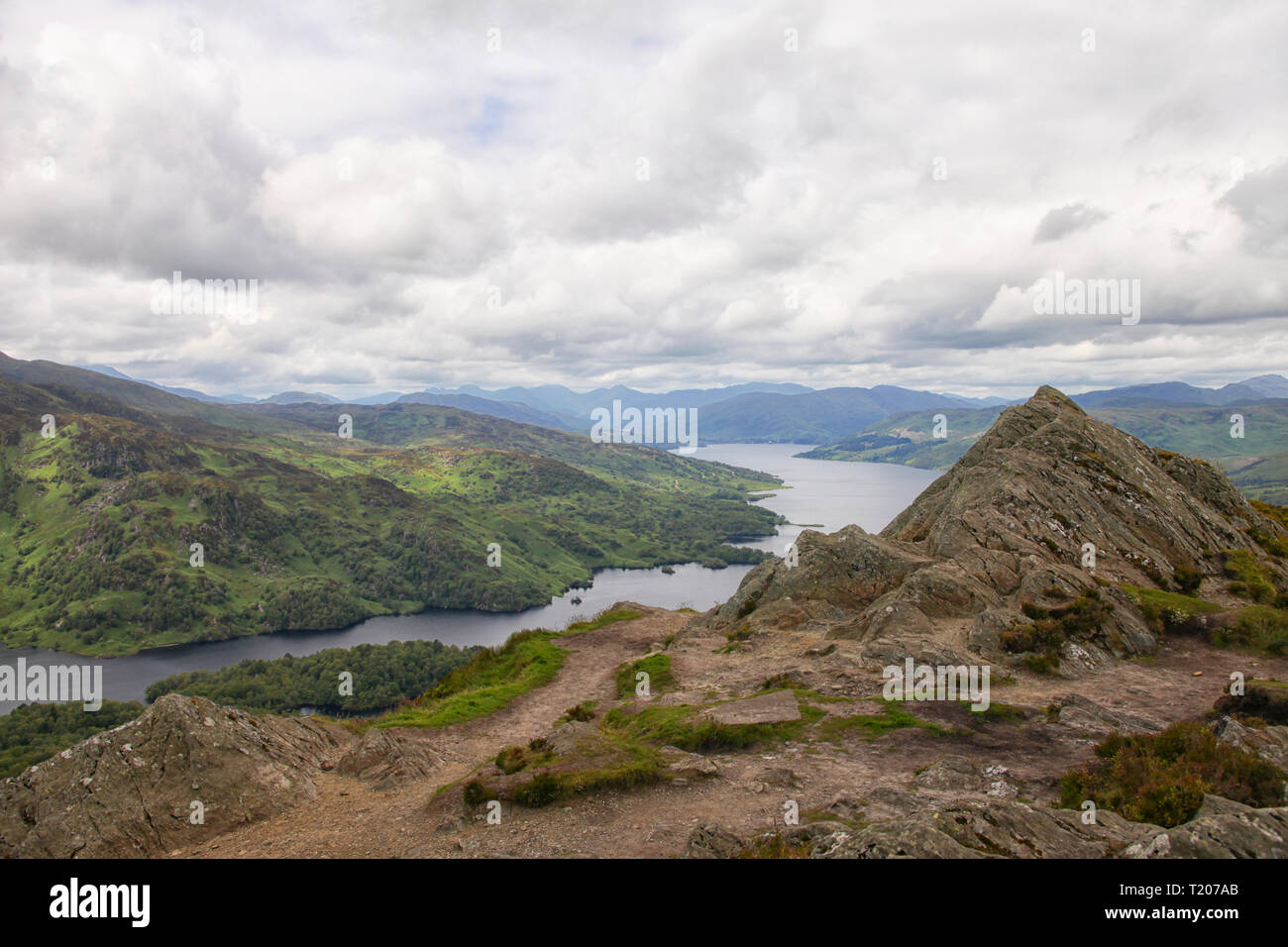 Looking down on Loch Katrine from the summit of Ben A'an in the Trossachs National Park in the Highlands of Scotland Stock Photo