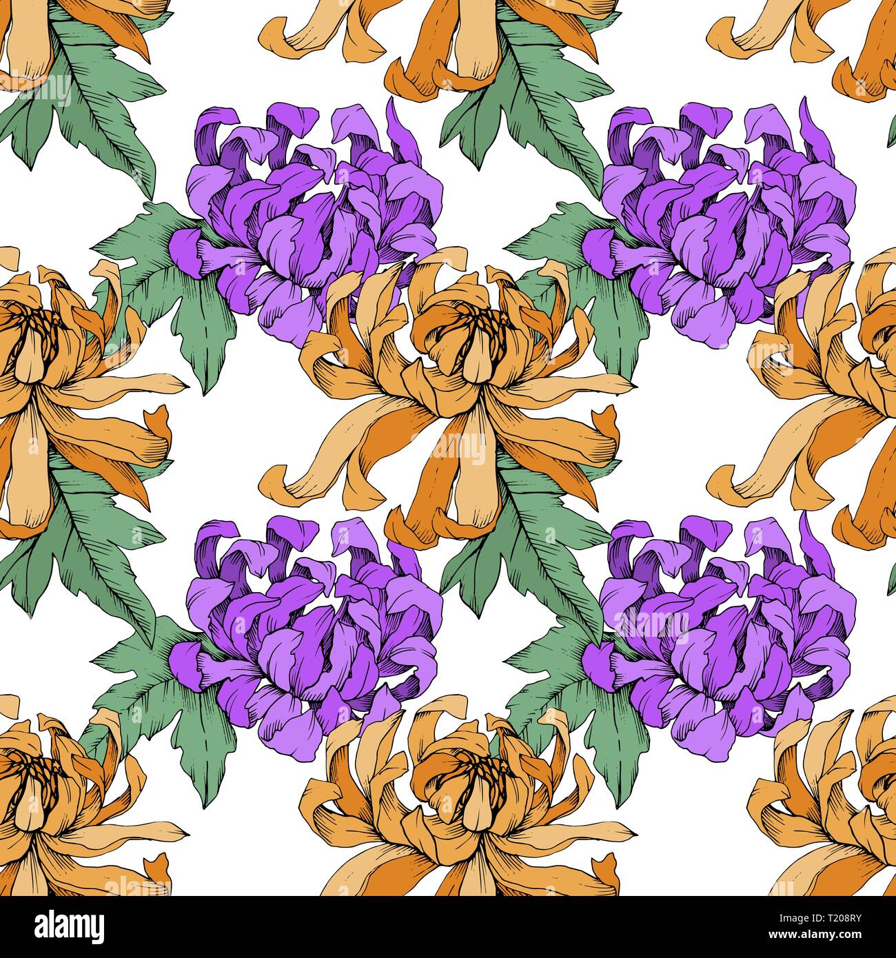 Vector Chrysanthemum floral botanical flowers. Engraved ink art. Seamless background pattern. Stock Vector