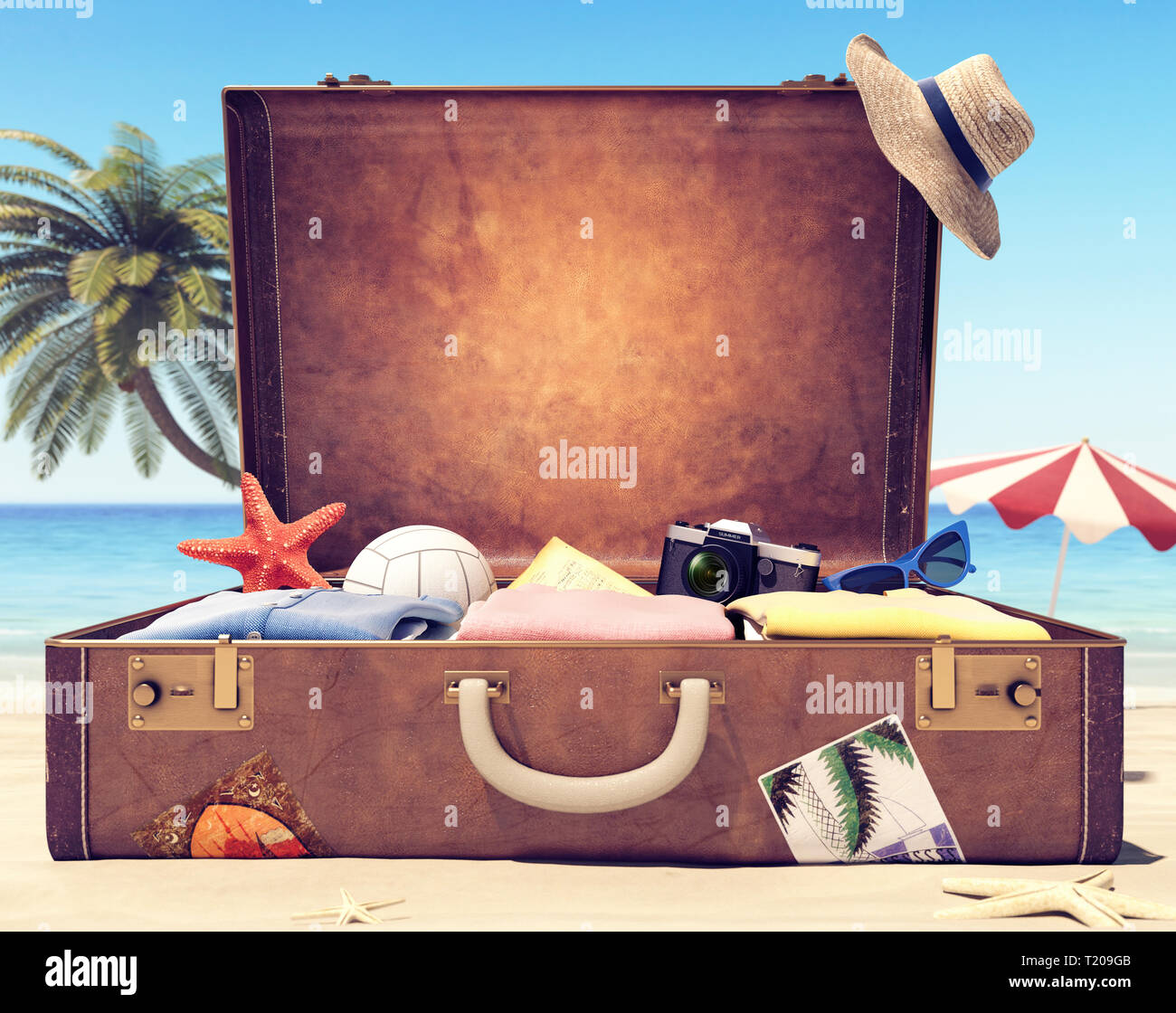 Ready for summer holidays - Suitcase with accessories and backdrop space 3D  Rendering Stock Photo - Alamy