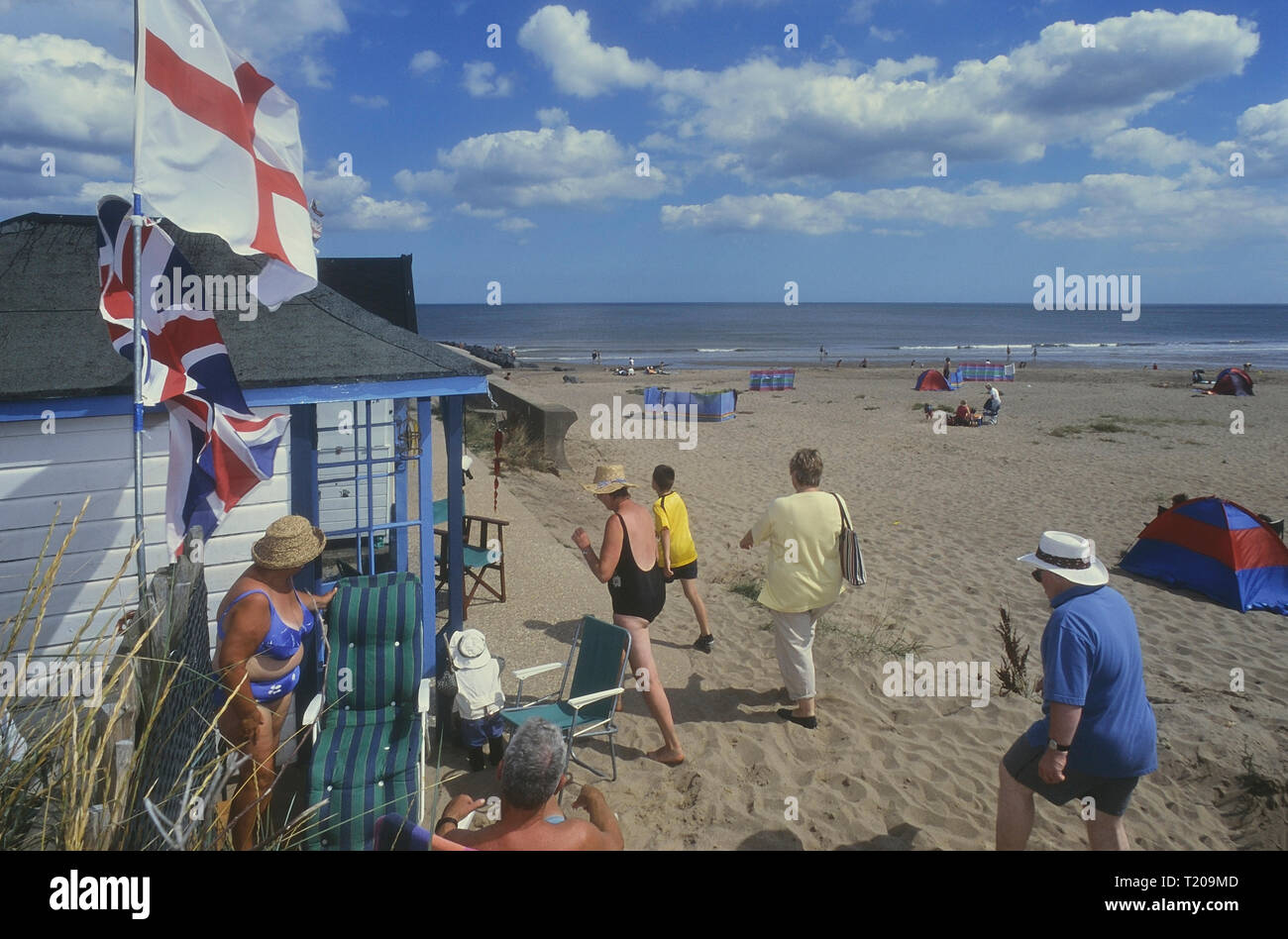 Patriotic beach huts at Chapel Point. Chapel St Leonards. Near Skegness. Lincolnshire. England. UK Stock Photo