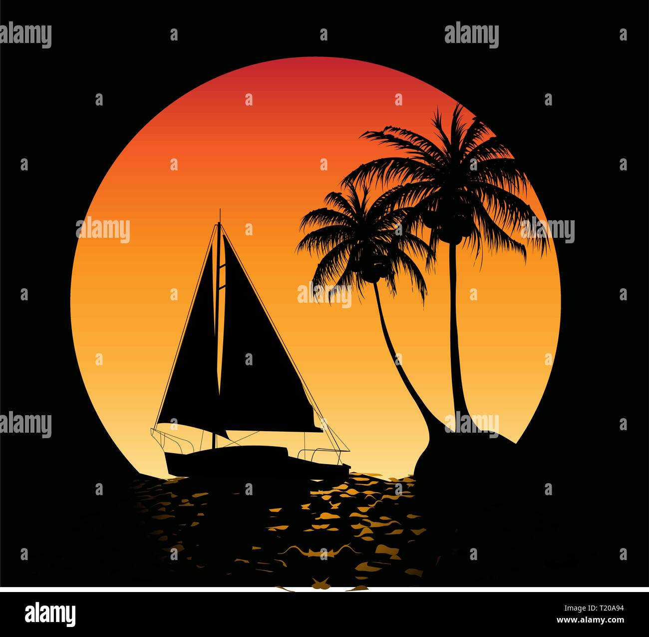 Summer background with palm trees and a yacht on the ocean Stock Vector ...