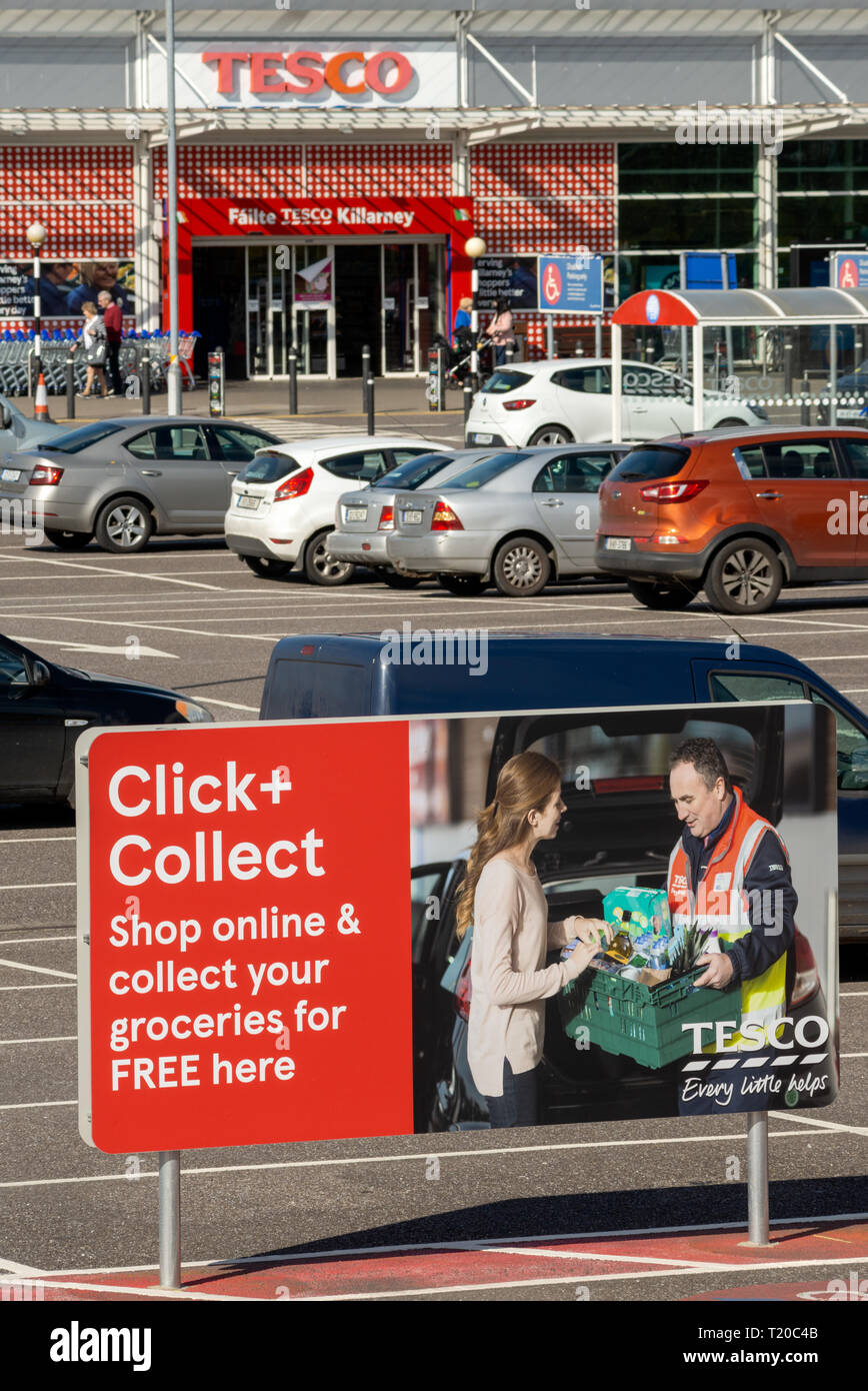 Tesco Click and Collect collecting point at Tesco supermarket superstore Killarney DeerPark shopping centre in Killarney, County Kerry, Ireland Stock Photo