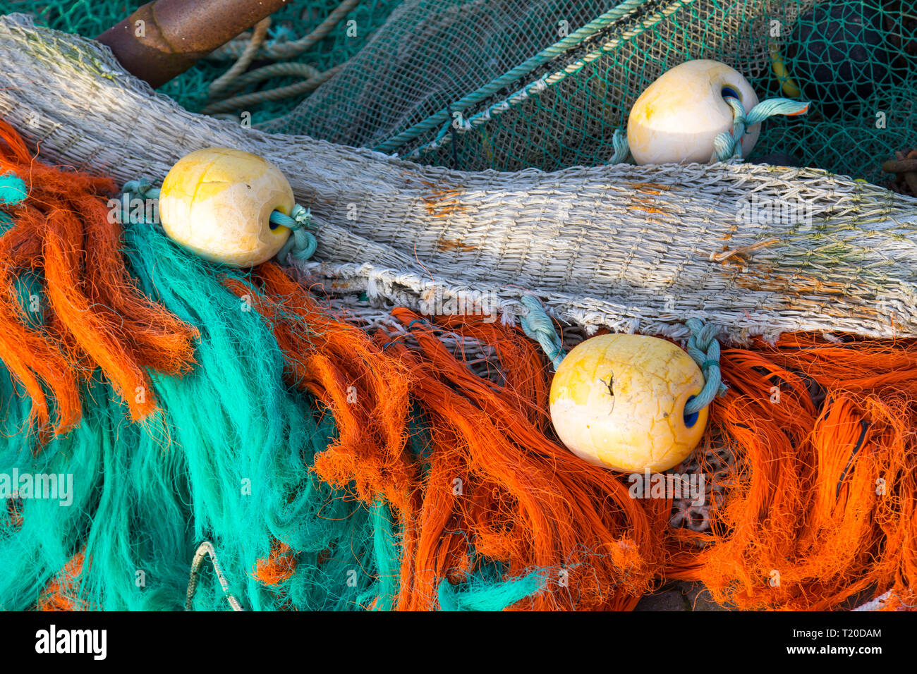 North Sea East Frisian coast, fishing village Neuharlingersiel, detail of fishing nets on a crab cutter, Stock Photo