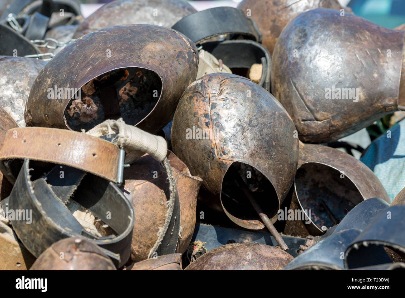 VARVARA, BULGARIA - MARCH 24, 2019: Moment from National Festival Dervish Varvara presents traditions of Bulgarian Kuker Games. Copper animal bells ty Stock Photo