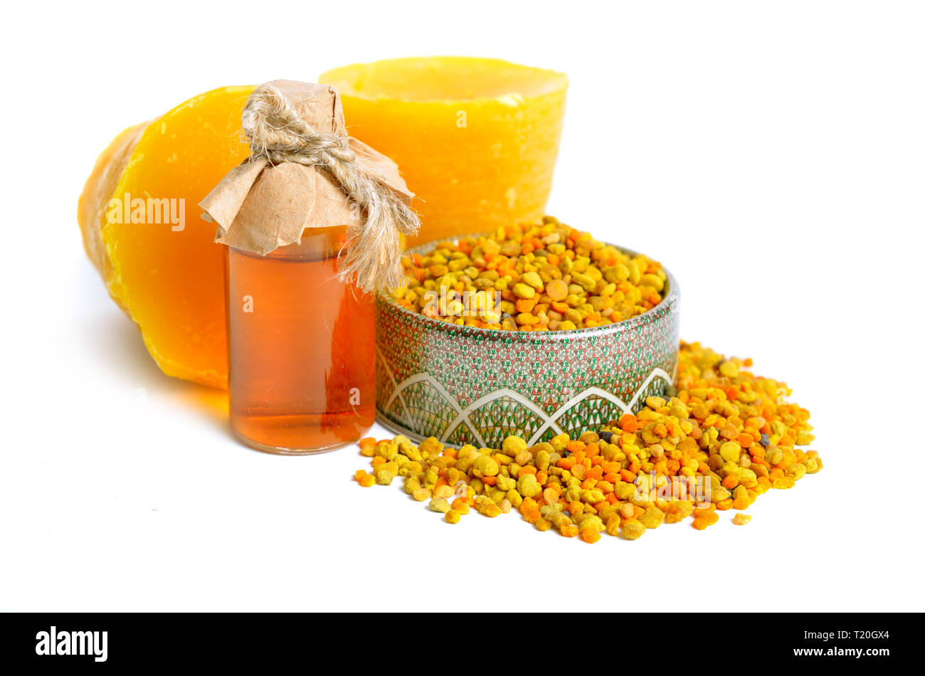 Bee pollen baskets with Beeswax. isolated on white background Stock