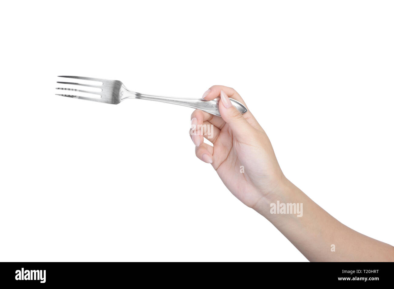 Female hand hold a fork isolated on white Stock Photo