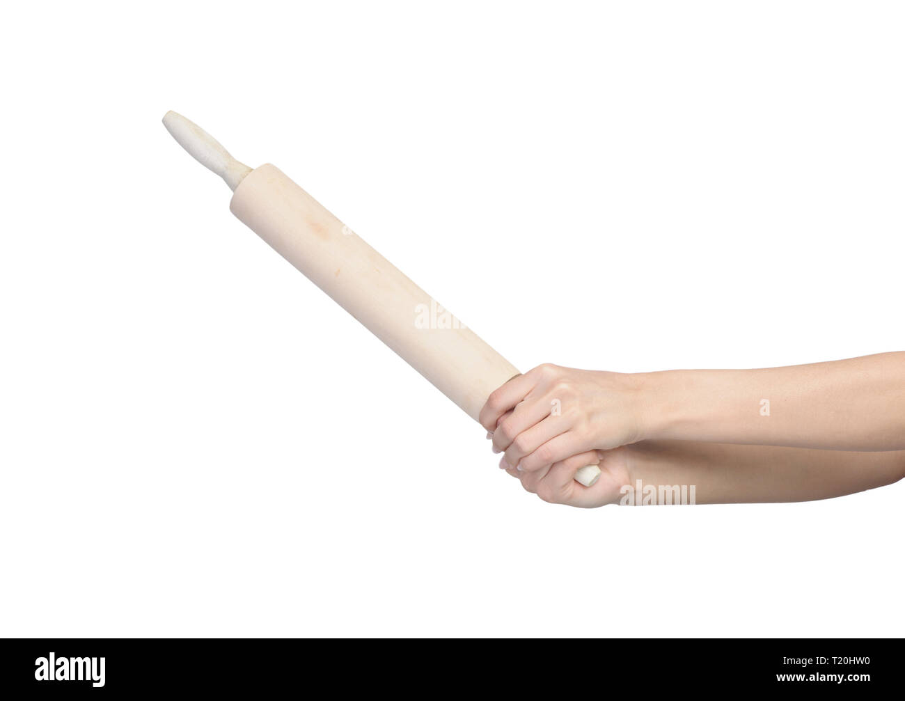 Female hand holding rolling pin isolated on white Stock Photo