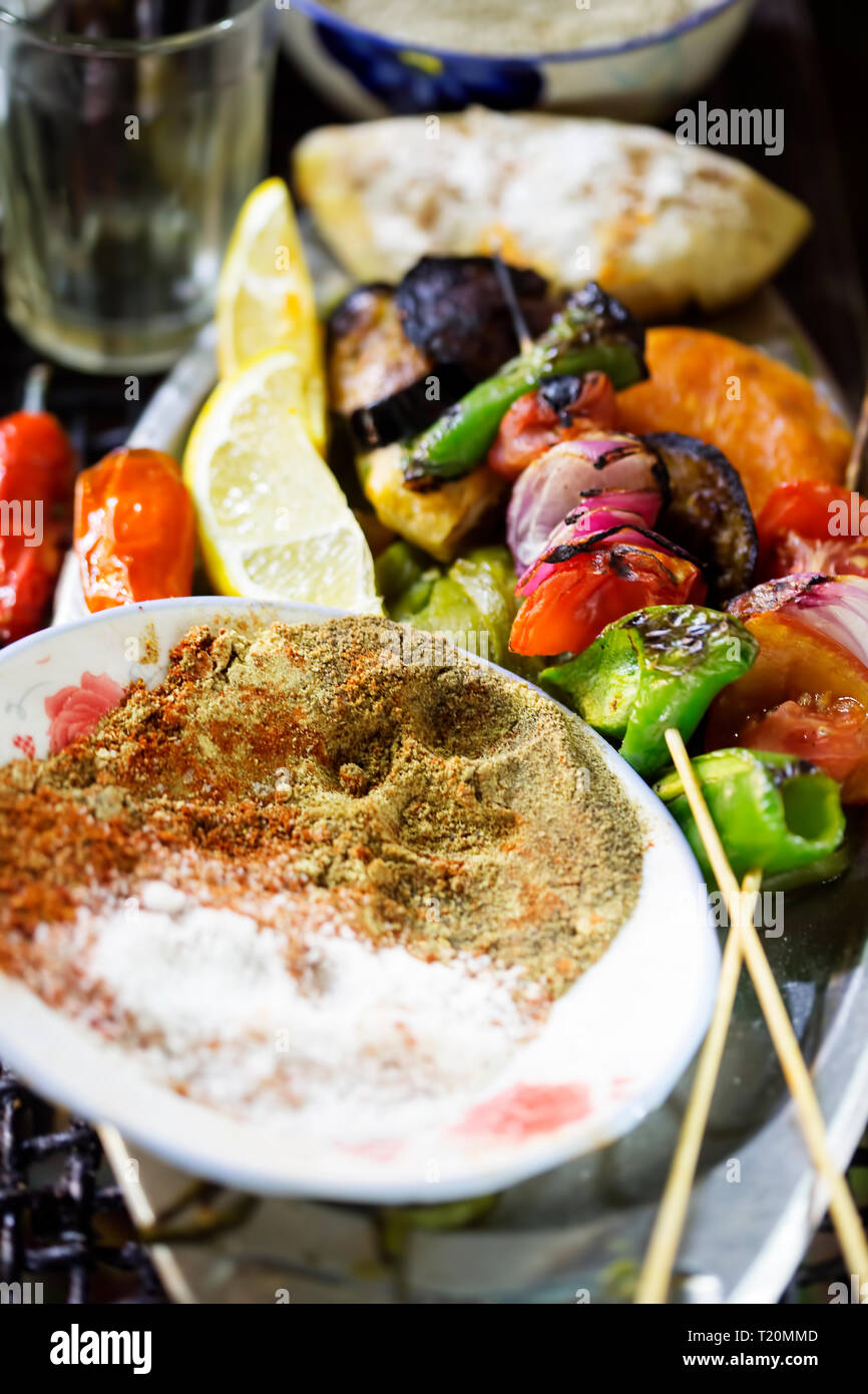 Vegetable skewers ingredients, spices (salt, pepper cumin), Morocco