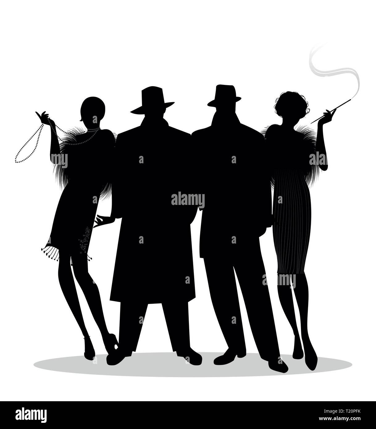 Silhouettes of two men and two flapper girls 20s style isolated on white background. Roaring twenties Stock Vector
