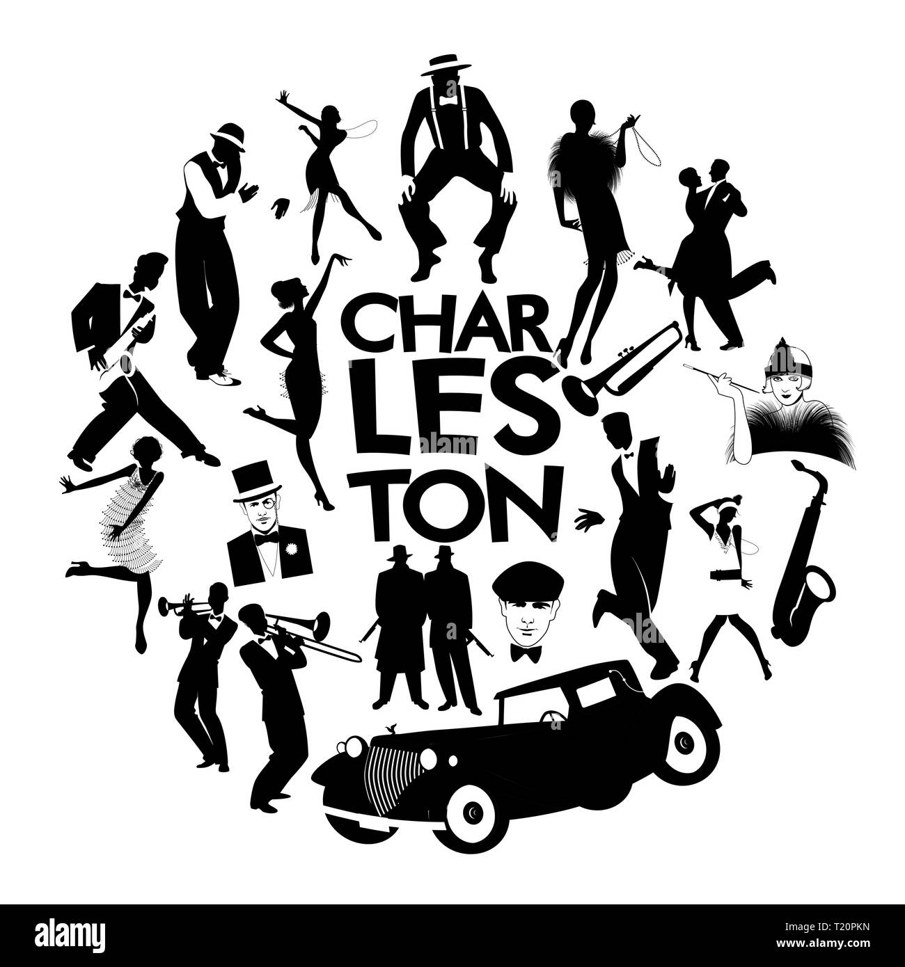 Charleston dance icons. Cars, flapper girls, gangsters and dancers from Charleston Stock Vector