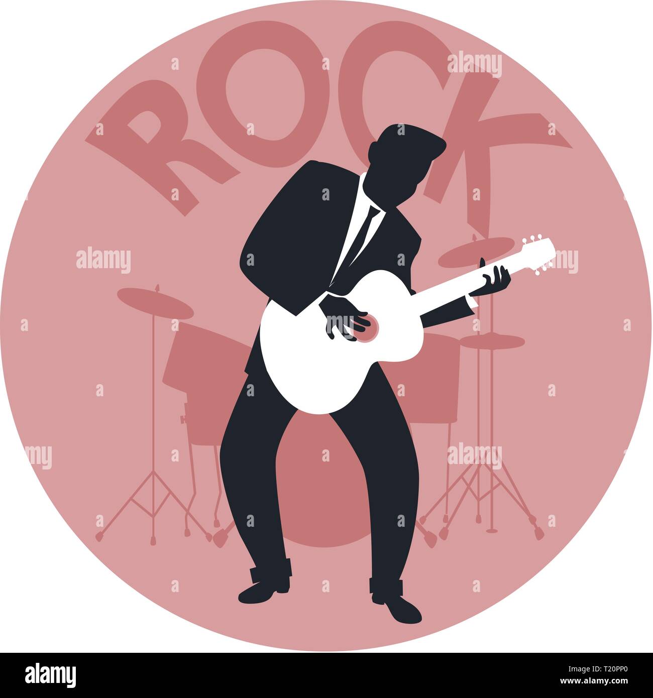 Musical style. Rock. Silhouette of guitar player and drums in the background Stock Vector