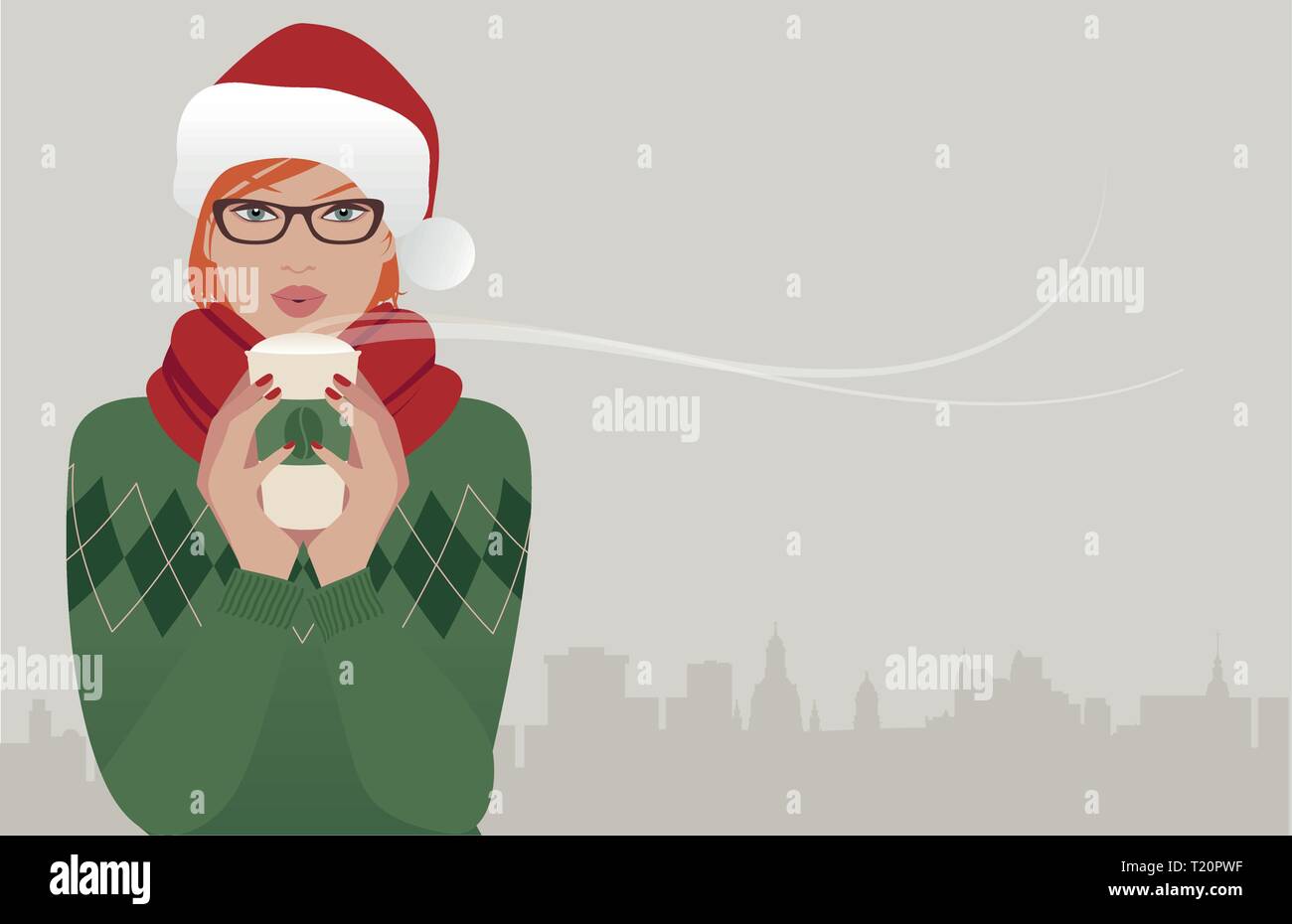 Pretty redhaired girl wearing glasses and a santa hat drinking a hot drink at Christmas. City sky line in the background Stock Vector