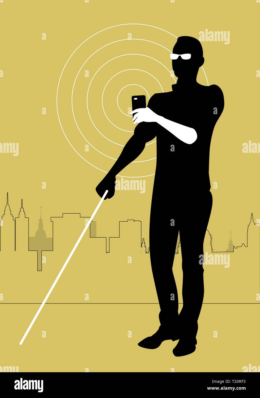 Mobile Technology for People with Visual Impairments. Blind man using smartphone with adapted