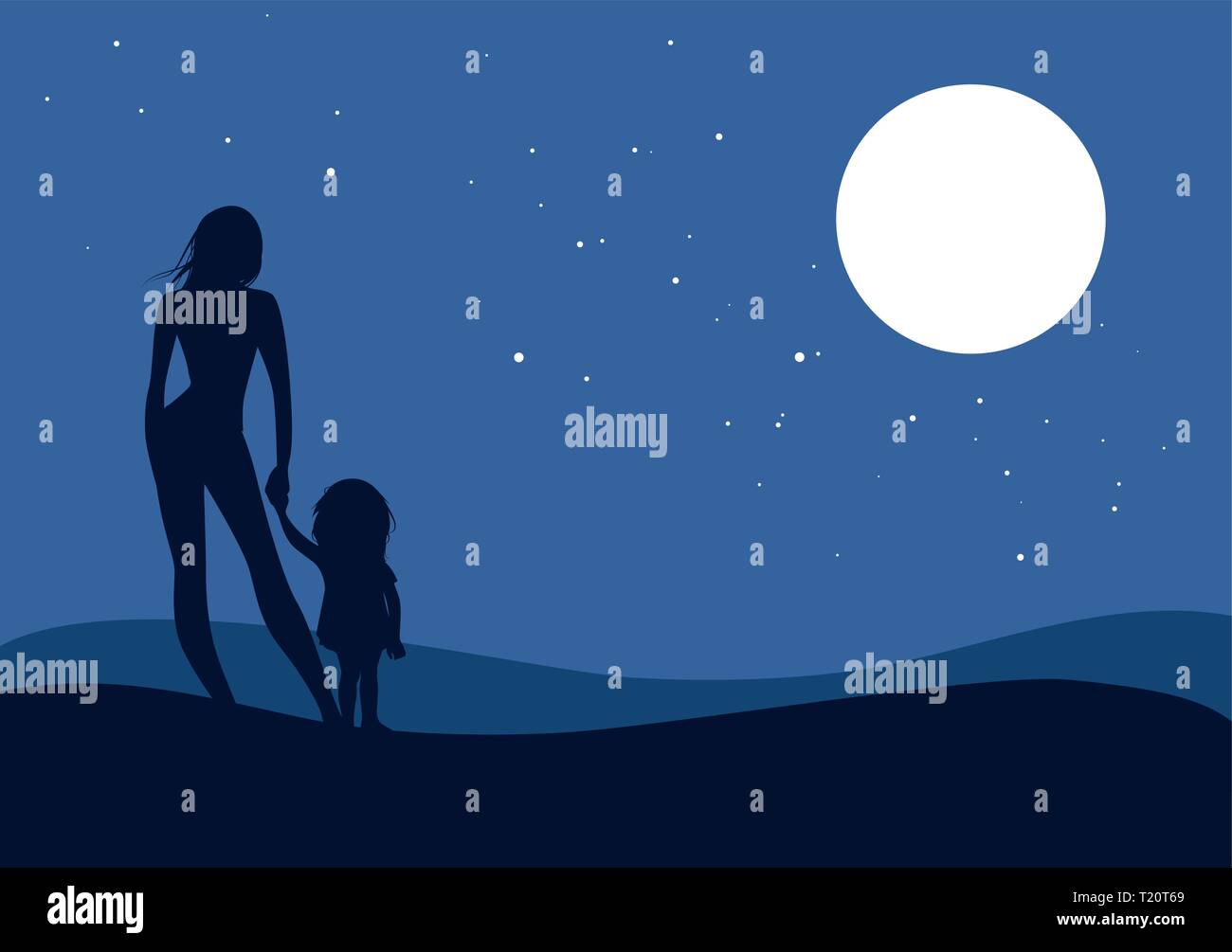 Silhouettes Of Mother And Daughter Looking At The Horizon Under The Full Moon And The Stars Stock Vector Image Art Alamy