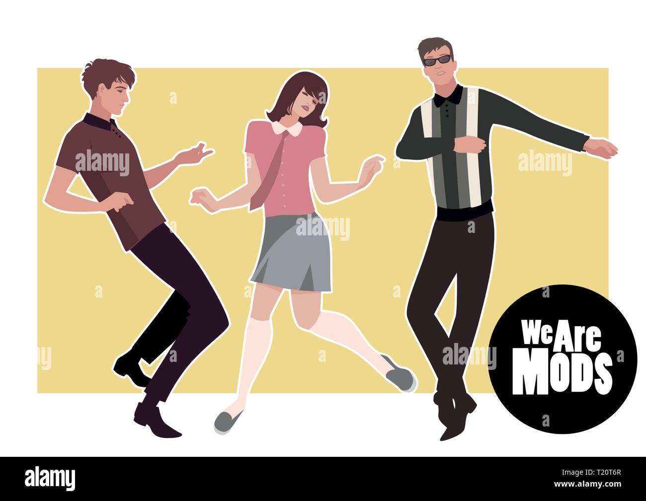 We are Mods. Young guys and girl wearing retro clothes in the 1960s Mod style dancing Northern Soul Stock Vector