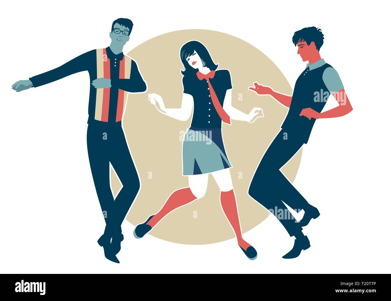We are Mods. Young guys and girl wearing retro clothes in the 1960s Mod style dancing Northern Soul Stock Vector