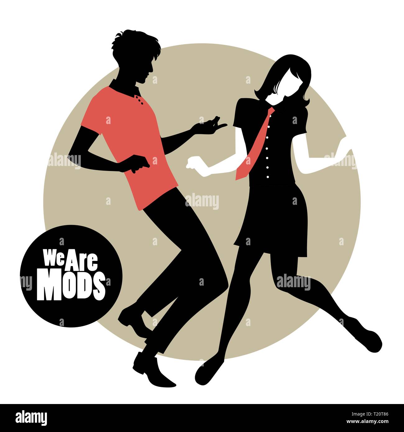 We are Mods. Silhouettes of couple wearing retro clothes in the 1960s Mod style dancing Stock Vector