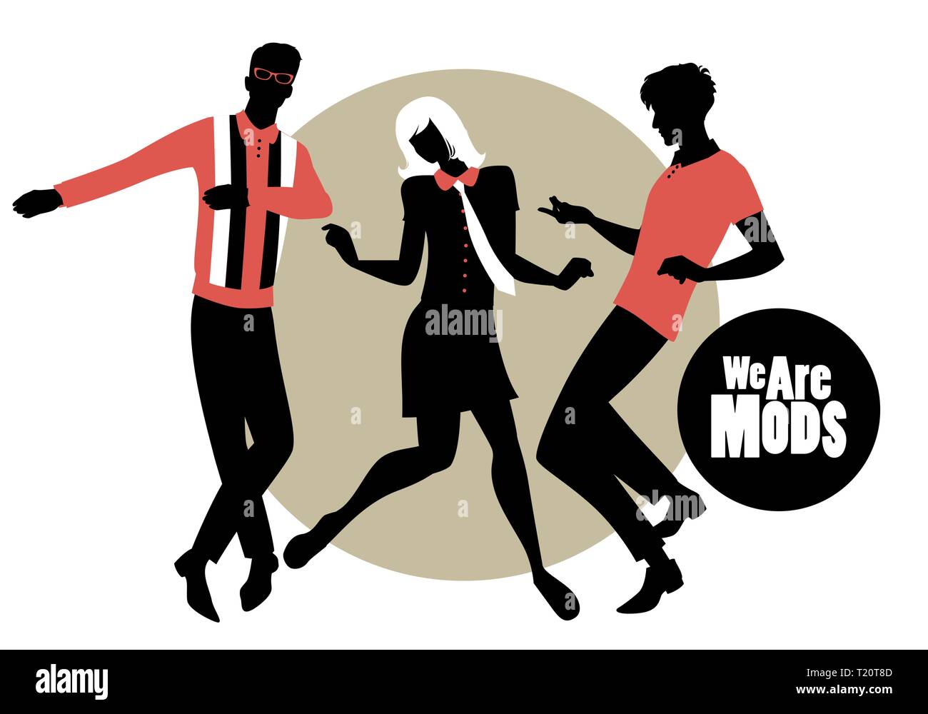 We are Mods. Silhouettes of two guys and girl wearing retro clothes in the 1960s Mod style dancing Northern Soul Stock Vector