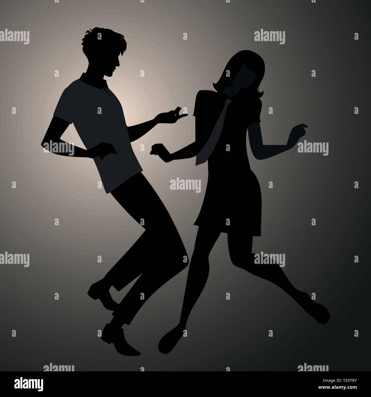 We are Mods. Silhouettes of couple wearing retro clothes in the 1960s Mod style dancing Stock Vector