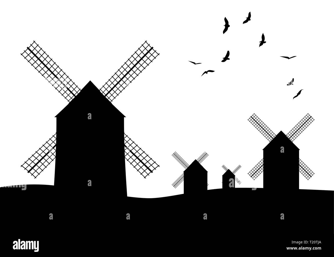 Silhouettes of typical Spanish windmills on white background Stock Vector