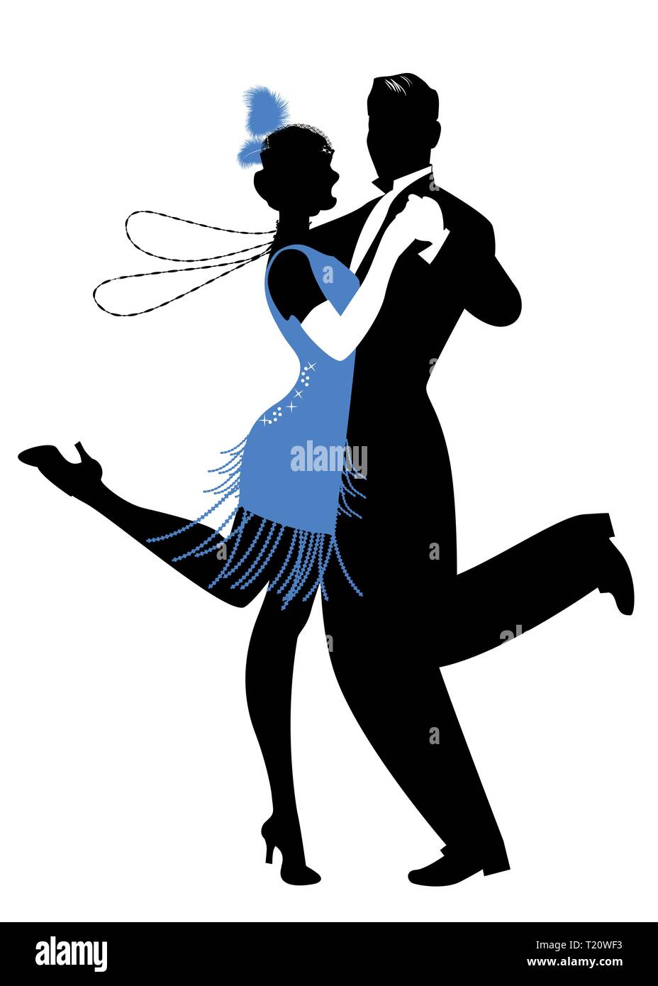 Silhouettes of couple wearing clothes in the style of the twenties dancing Charleston Stock Vector