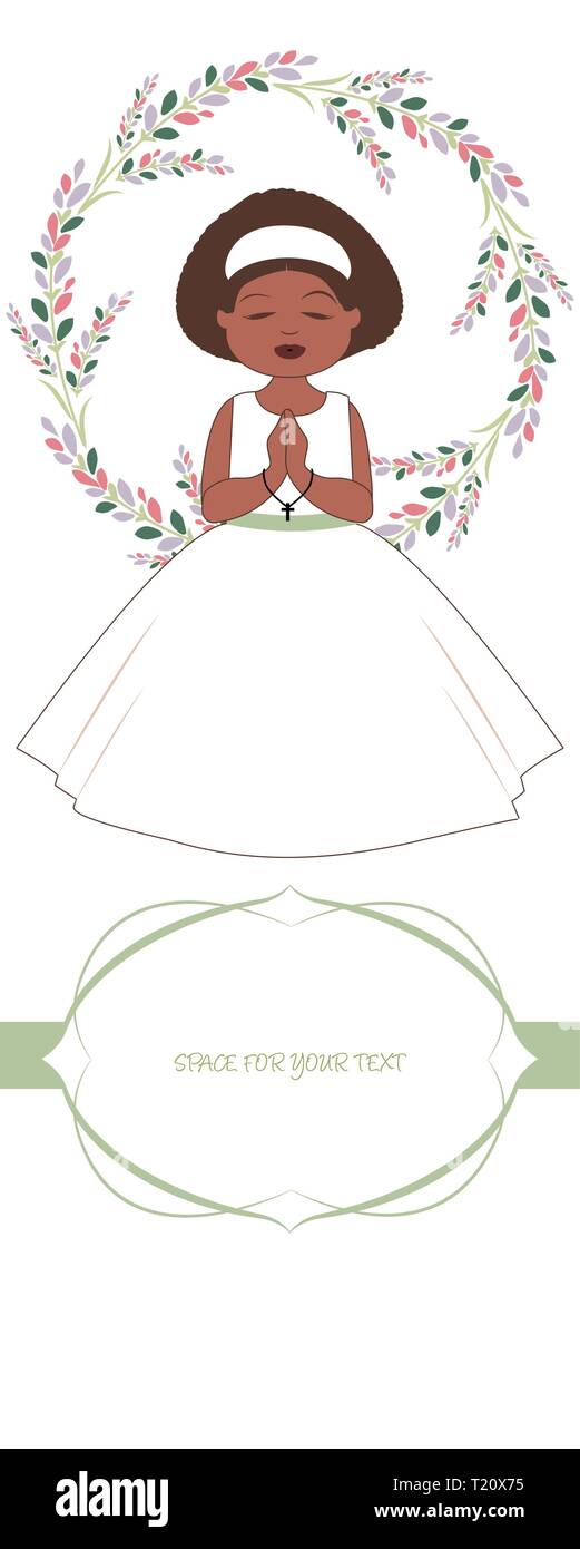 First communion celebration reminder. Cute girl wearing a white dress, surrounded by flower wreath. Space for text. Stock Vector